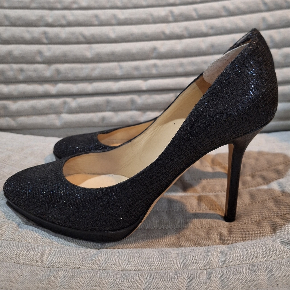 Jimmy Choo Black Leather Sparkle Platform Pumps Heels… Gem